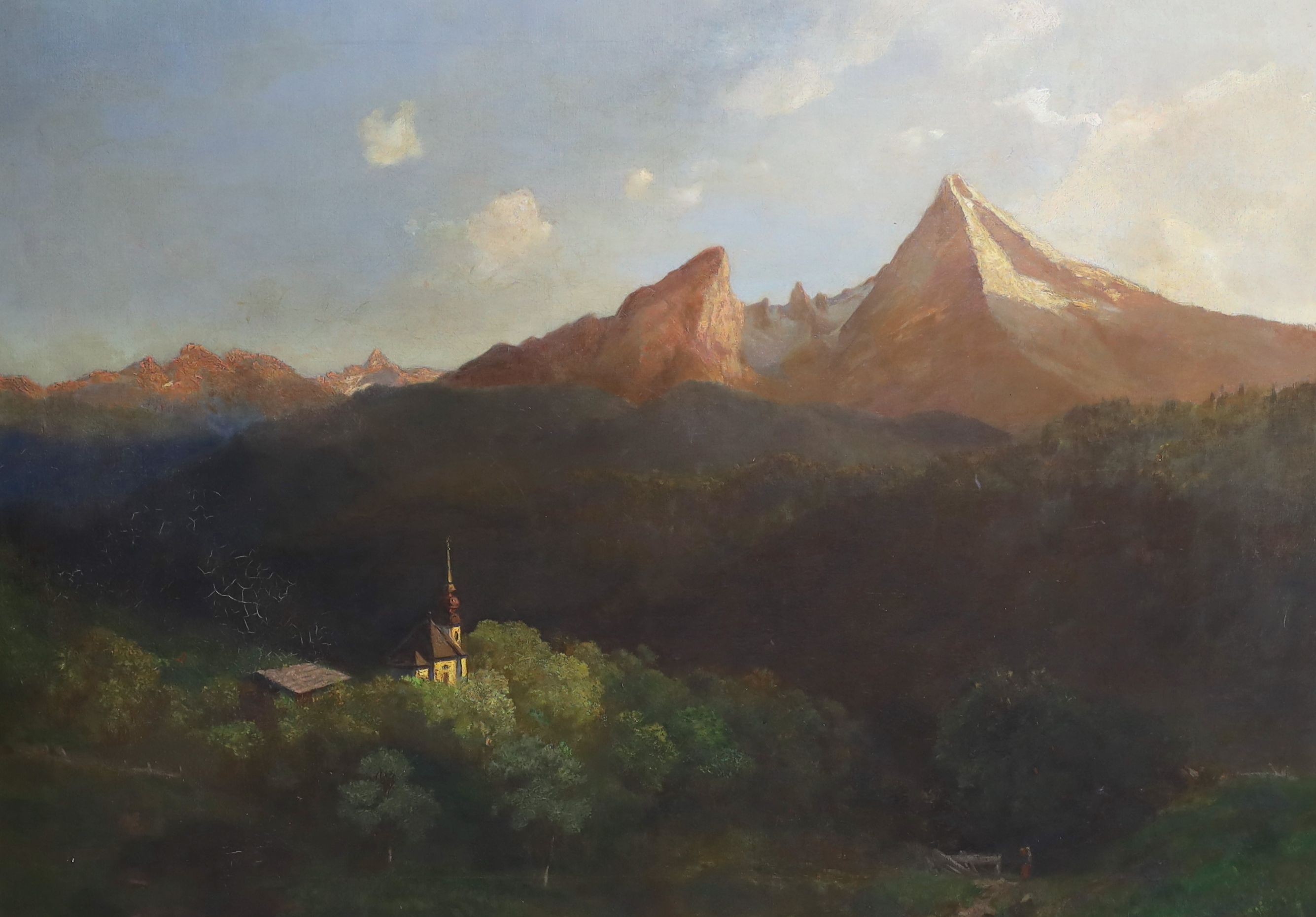 Austrian School, oil on canvas, Church in a mountain landscape, 59 x 81cm